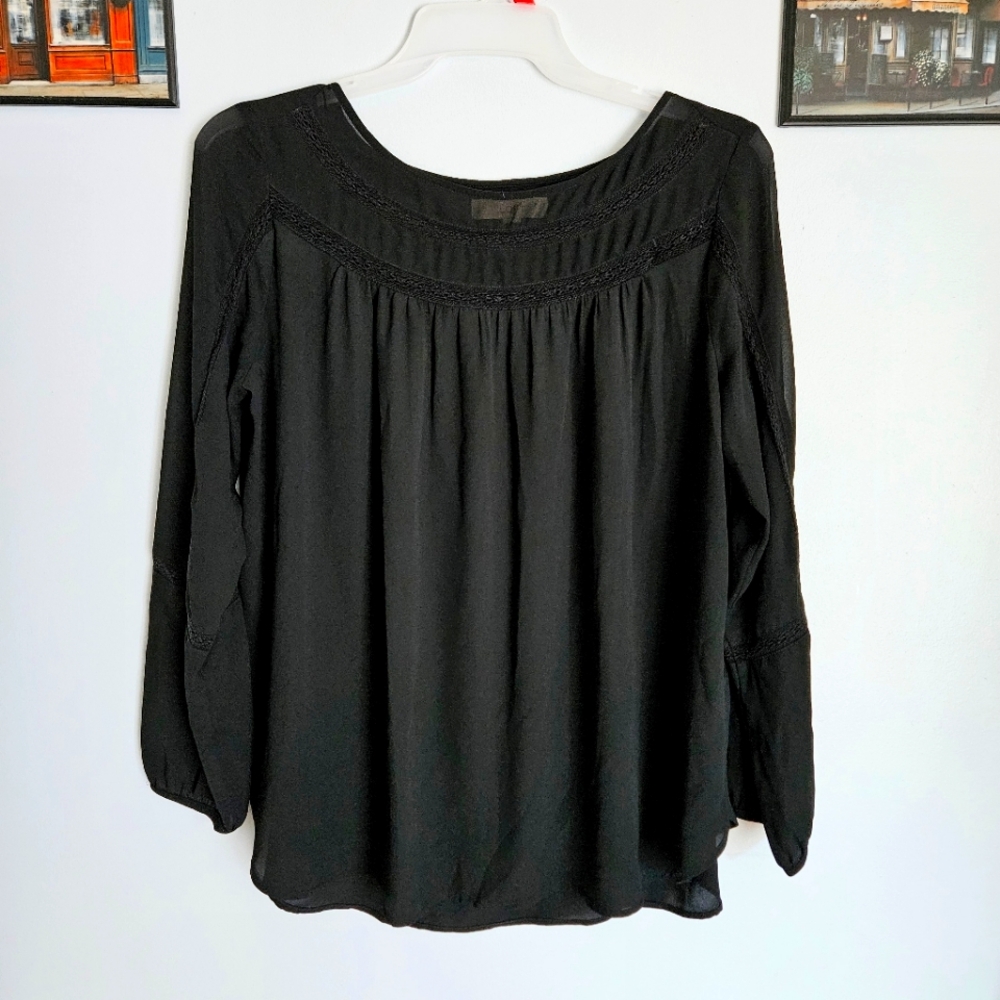 LOFT Flowy Black Long Sleeve Boho Wide Neck Semi-sheer Oversized Blouse Size L